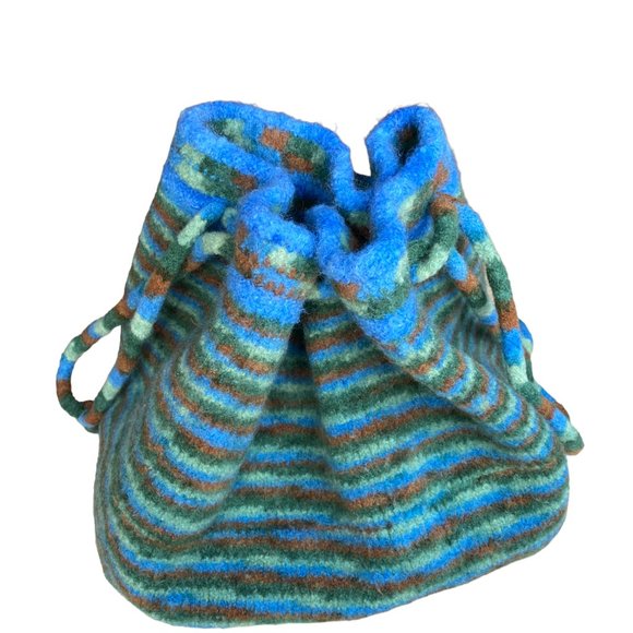 Felted Boiled Wool Multicolored Fall Aesthetic Striped Drawstring Bag Tote - Picture 2 of 9